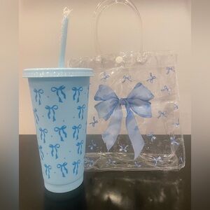 Blue Bow Cup with Lid & Straw Bag Set